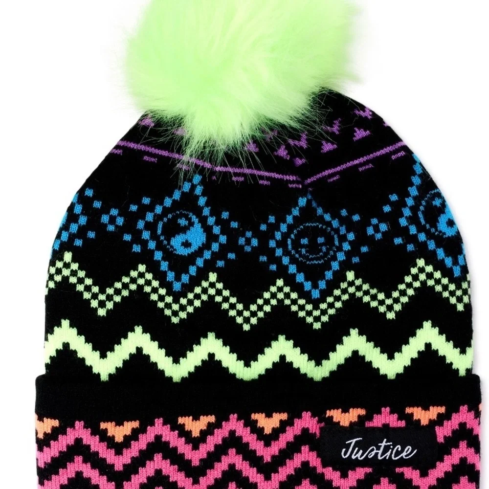 2pack Justice Girls faux fur pom pom ombre Tie Dye‎ & fair isle look beanies new